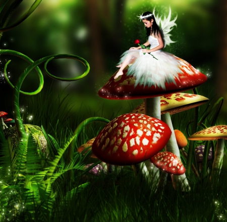 Fairy on a Mushroom - mushroom, silver, red, cute, fairy