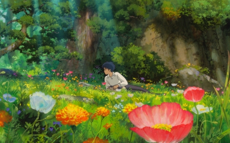 Waiting for you - flowers, anime, man, garden