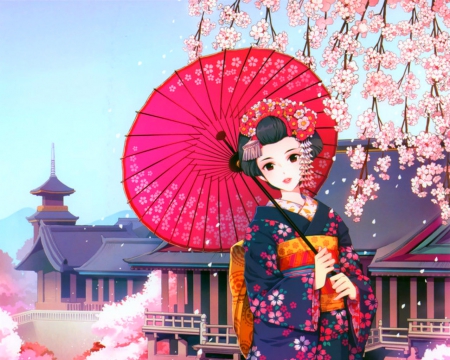 Cute anime girl - kimono, tree, anime, girl, umbrella