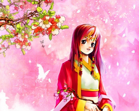 Cute anime - flowers, tree, anime, girl