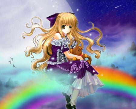 Cute anime - sky, rainbow, anime, girl