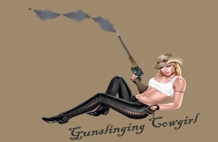 Cowgirl With A Big Gun - women, fun, boots, hats, fashion, models, western, females, girls, cowgirls, style, fantasy, art