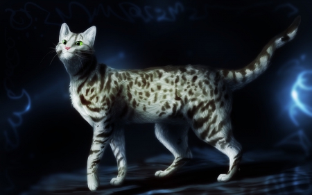 Fantasy cat - animal, fantasy, black, green eyes, cat, blue