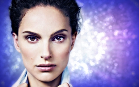 Natalie Portman - face, pink, natalie portman, actress, by cehenot, girl, blue, bokeh, glitter, woman