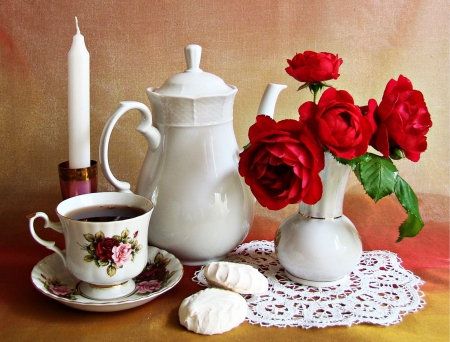 Tea Time - vase, roses, porcelain, can, candle, still life, cup