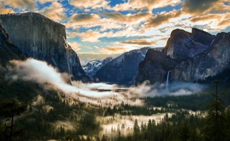 Mystic Valley - cliff, forest, national park, yosemite, beautiful, sky, clouds, waterfalls, mist, mountain