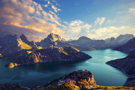 Sunset At Lake Solbjornvannet - norway, lake, mountain, clouds, lofoten islands, beautiful, summer