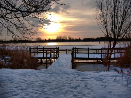 Winter Moon - moon, sky, ocean, trees, water, winter, pier, reflection, clouds, snow