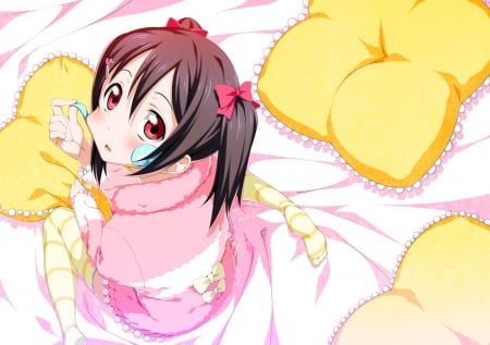 Yazawa Nico - anime, ponytails, love live school idol project, pillows, yazawa nico, thighhighs, blush