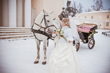 Winter Bride - winter, bride, lady, horsecarriage