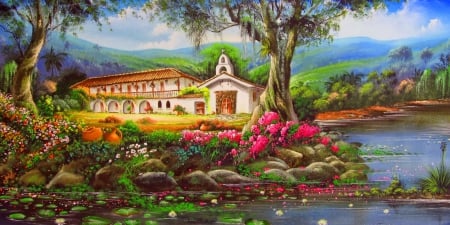 Chapel - summer, creek, beautiful, village, cottage, countryside, river, chapel, nature, mountain, landscape, flowers, church, serenity, peaceful, rural, art, painting, calm