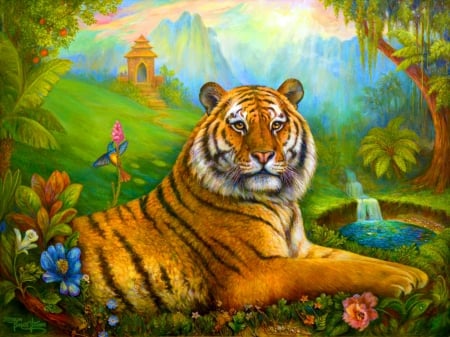 My tiger - beautiful, flower, tiger, rest, cat, nature, waterfall, painting, jungle, exotic, art, wild