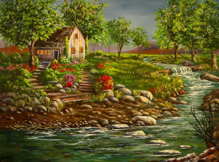 Cottage by the creek - cottage, peaceful, stream, creek, painting, art, calmness, rural, river, house, summer, shore, lovely, serenity, forest, beautiful, flowers