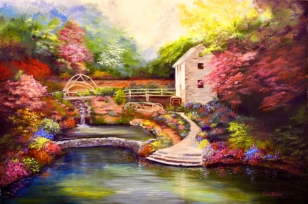 Arkansas Millhouse - cottage, peaceful, stream, colorful, waterfall, creek, calm, painting, art, river, house, pond, millhouse, lake, lovely, mill, serenity, nature, forest, beautiful, arkansas