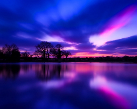 â™¥ - sky, purple, lake, trees, clouds, beautiful, water, sunset