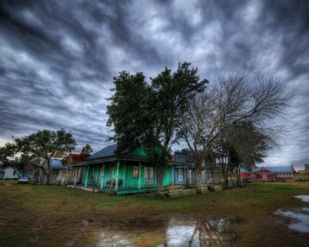 Dark clouds - sky, dark clouds, house, tress