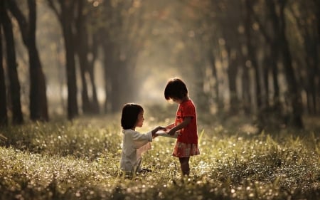 Sharing moment - field, children, trees, people