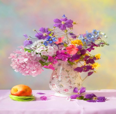 Spring joy - white, purple, pink, flowers, vase, colors, blue