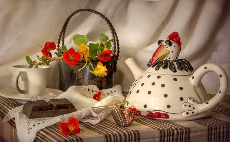 Still Life - flowers, beautiful, red, teapot