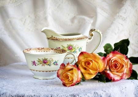 Still Life - flowers, roses, blossoms, porcelain, tableware