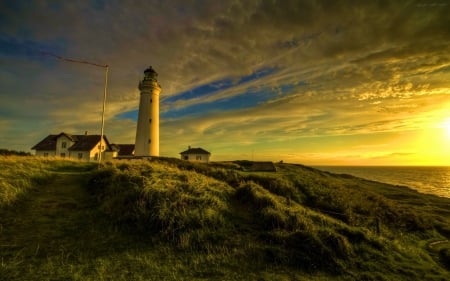 Lighthouse at Twilight - clouds, sunset, coast, cottage, sky