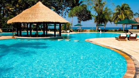 Pool at the Beach - palms, tropical, chairs, hotel, gazebo, sea