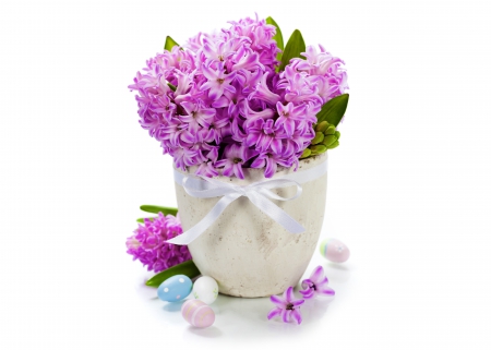 ♥Spring Flowers♥ - eggs, flowers, easter, vase, hyacinth, lilac, spring, bow