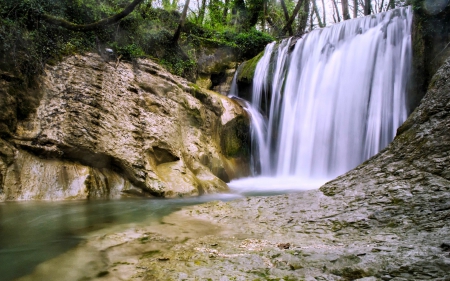 Waterfall - nature, trees, waterfall, rocks