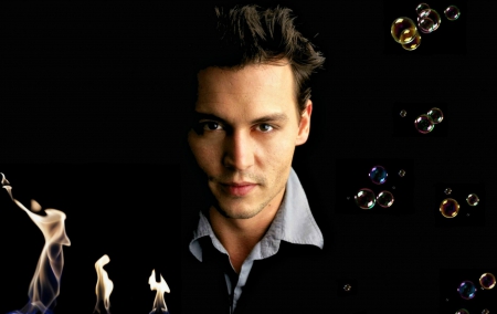 Johnny Depp  - black, actor, by cehenot, fire, bubbles, Johnny Depp, flame, man