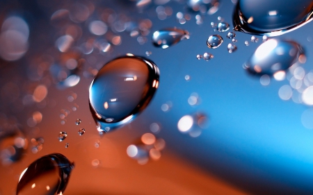 Water drops - abstract, water drops, blue, orange, dew