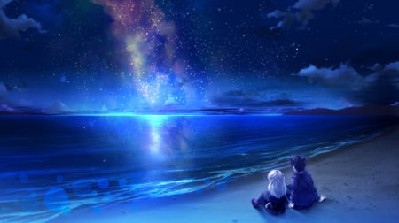 Night Sea - pretty, anime, female, scenery, blue, romantic, beach, scene, romance, night, light, nice, anime girl, water, beautiful, girl, sea, beauty, lovely, sweet, ocean, glow, couple