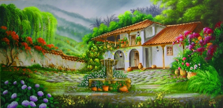 Fountain patio - nice, cottage, peaceful, greenery, painting, fountain, art, calmness, pretty, house, patio, mountain, summer, serenity, village, flwoers, beautiful