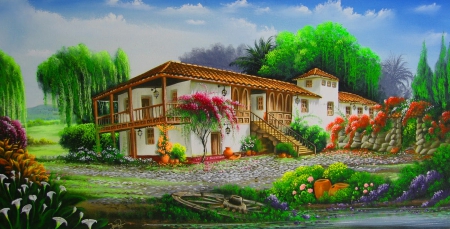 Rural landscape - cottage, landscape, trees, peaceful, countryside, vilalge, summer, serenity, painting, nature, art, quiet, calmness, rural, house, flowers