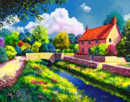 Summer countryside - cottage, sky, freshness, trees, colorful, countryside, meadow, path, creek, painting, art, pretty, river, clouds, house, bridge, summer, nature, beautiful, stones, flowers