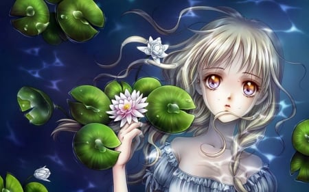 Sad girl - cute, water, kawaii, beauty, beautiful, flowers, anime, girl, blue, leaf, sad, female, woman