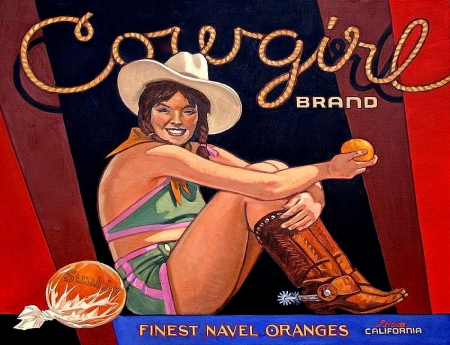 Sunkist Cowgirl - women, fun, female, boots, hats, fashion, advertisement, girls, cowgirls, style, drawing, oranges, sunkist, model, art, westerns