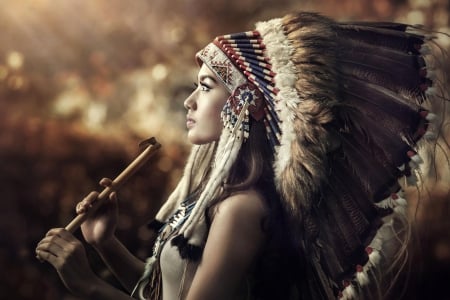 native sounds - headress, beautiful, model, flute, feathers