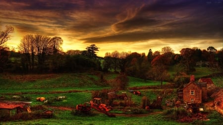 Stormy Sunset - house, countryside, cloud, landscape, tractor, sky