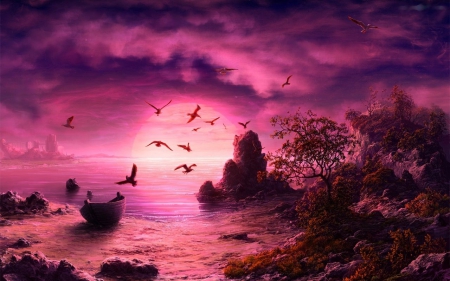 Fantasy Landscape - sky, trees, pink, clouds, sun, boat, birds