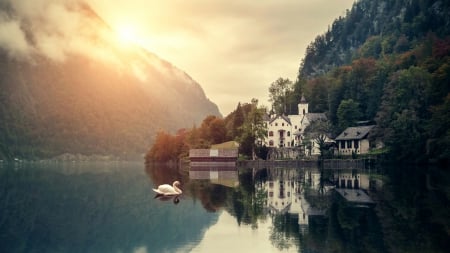 swan lake - lake, mountains, swan, mansion, reflection, sunshine