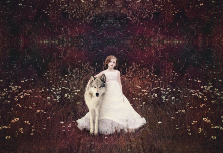 Friend and Guardian - wolf, kid, girl, guardian, child, field, flowers, dress