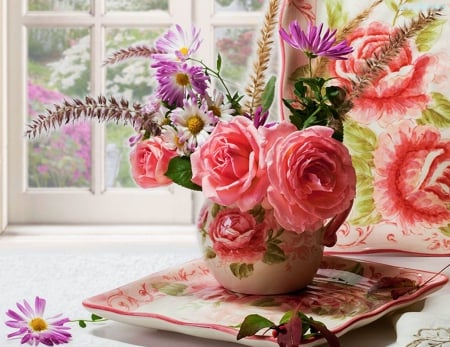 Still Life - table, vase, roses, pink