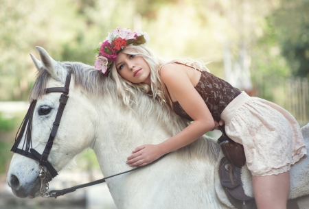 Beauty and Horse - beautiful, photography, girl, friendship, beauty, horse, flowers, woman, blond