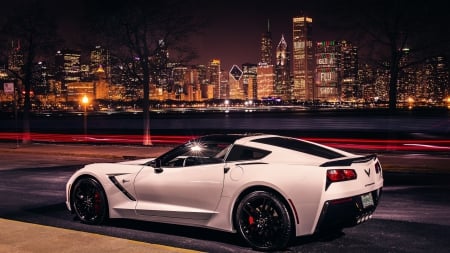 chevy corvette stingray coupe C7 - white, street, lights, car, city, night