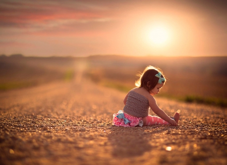 ♥ - clouds, sweetness, splendor, road, girl, sunset, nature, adorable, field, sky