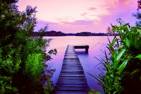 Lake pier - calm, amazing, tranquil, grass, reflection, shore, lake, sky, water, beautiful, lovely, pier, river, nature, sunset, serenity, dusk