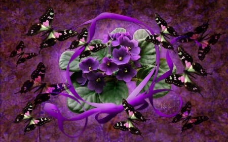 Violets and Butterflies - summer, purple, flowers, spring, violets, ribbon, butterflies, bow, violet, viola tricolor