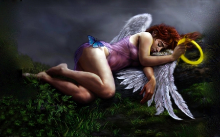 Sleeping Angel - sleeping, woman, serene, angel, girl, image, wallpaper, illustration, fantasy, art, purple, beautiful, digital