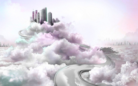 Fantasy place - clouds, fantasy, road, buildings, sky