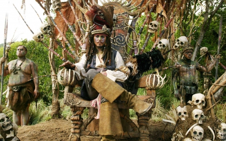 Johnny Depp as Jack Sparrow - actor, Johnny Depp, man, skull, mask, green, Jack Sparrow, jungle, movie, disney, Pirates of the Caribbean